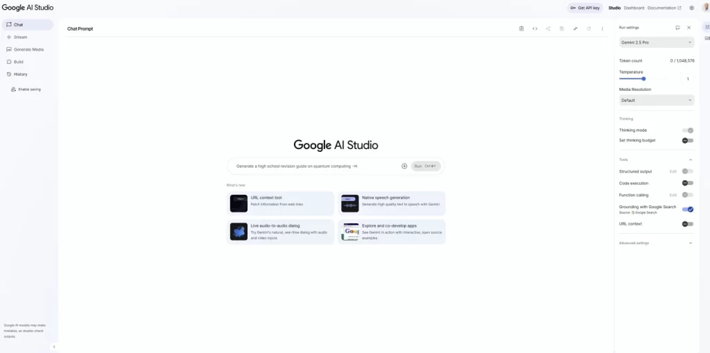 Úvodní stránka v prostředí Google AI studia